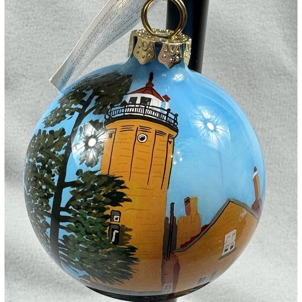 Old Mackinac Point MI Inside Painted Glass Light House Ornament Alessandra Glass